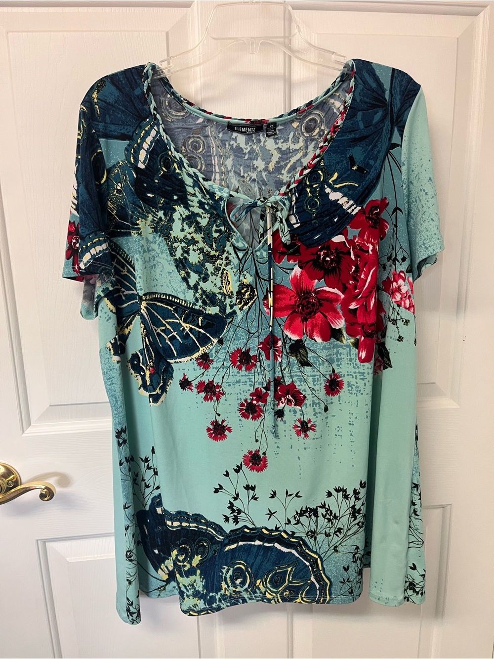 Elementz Aqua Floral Tie-Front Short Sleeve Top with Red Accents Butterfly Teal